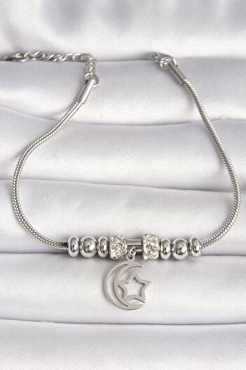 Clariss 316L Steel Silver Color Tube Chain Zircon Stone Detailed Dangle Moon Star Figure Women's Bracelet