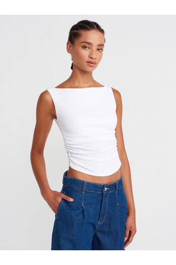 Dilvin 31862 Gathered Off-The-Shoulder Top-White