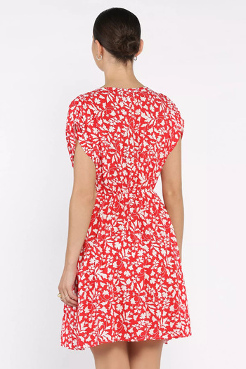 GÜLSELİ Red Waist Elastic Double Breasted Collar Patterned Women's Mini Dress