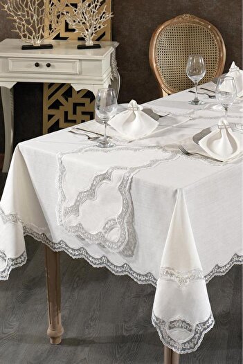 Çeyiz Diyarı Linen Dinnerware Set with French Lace - 26 Pieces Cream
