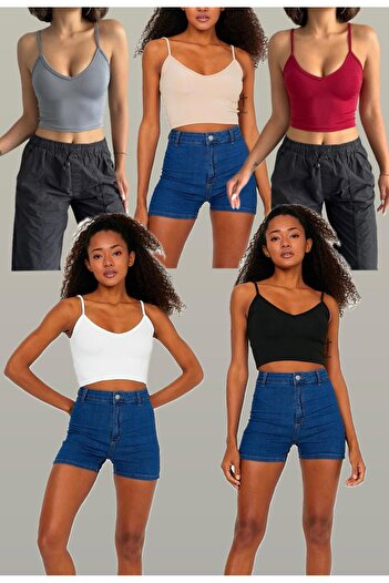 The Base Women's Advantageous 5-Piece Scuba Fabric Front Back V-Neck Crop Top with Rope Strap