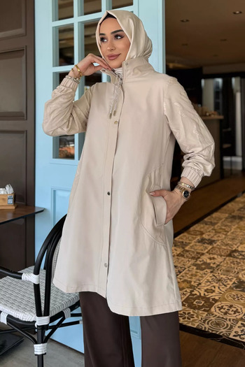 julude Stone Women's Sleeve Embroidery Detailed Pocket Hijab Trench Coat
