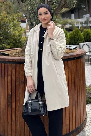 julude Stone Women's Pearl and Stone Embroidered Waist Drawstring Hijab Trench Coat