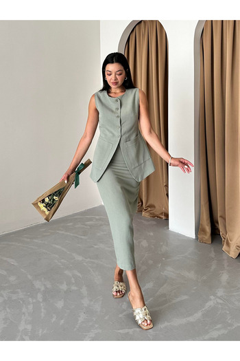 My Blog Khaki 100% Linen Slit Pencil Skirt Vest Suit - 8337