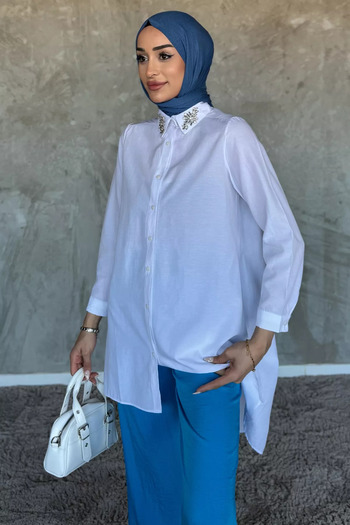 julude White Collar Stone Detailed Hijab Tunic