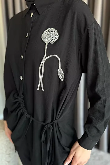 julude Black Side Tie Stone Embroidered Hijab Tunic