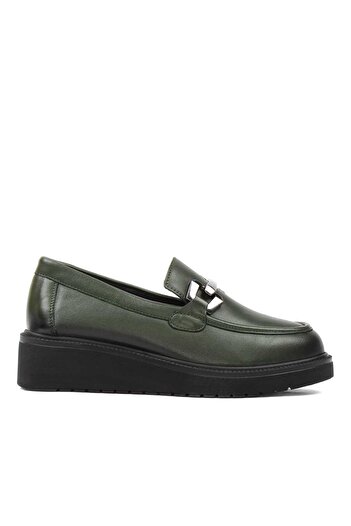 Celal Gültekin Women's Khaki Wedge Heeled Leather Shoes
