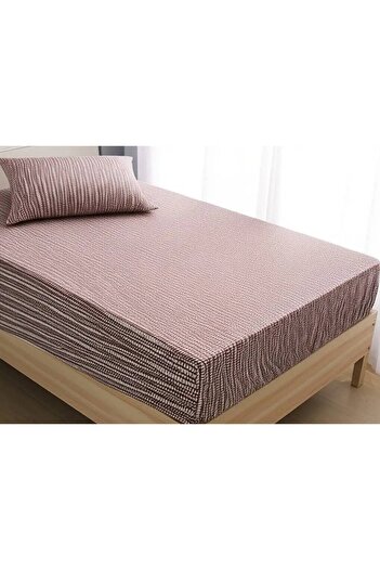 Sinada Home Single Brown Colored Oval Striped Deep Elastic Sheet and Pillow Case