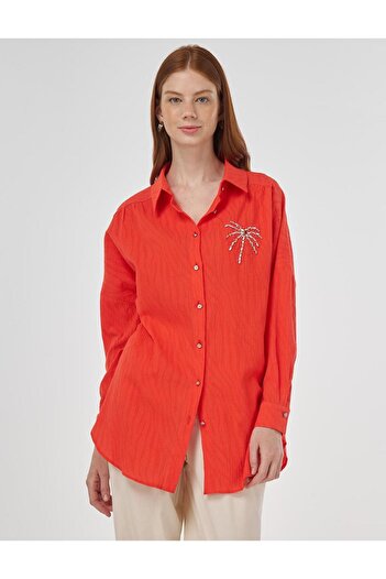 Kayra Palm Embroidered Cotton Tunic Coral