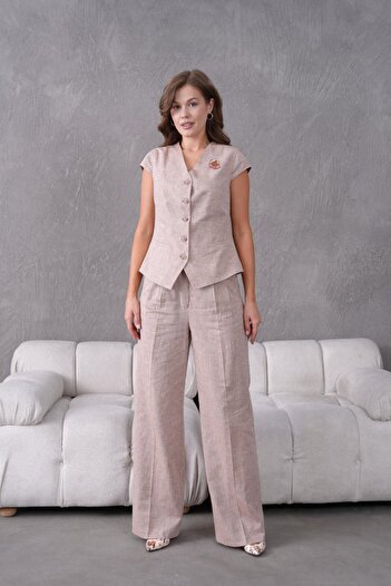 nodilife Women's Suit with Brooch Linen Vest Salmon