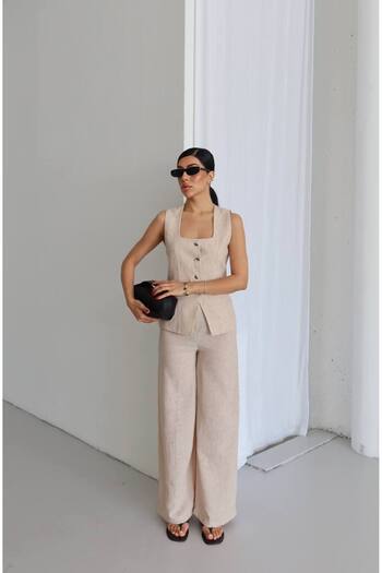 ZF BUTİK Square Collar Linen Double Suit