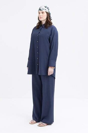 ALLDAY Indigo-Large Size Linen Shirt with Cuff Slit Detail