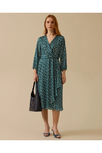 SEÇİL V-Neck Patterned Dress with Belt Detail