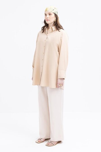 ALLDAY Beige-Large Size Linen Shirt with Cuff Slit Detail