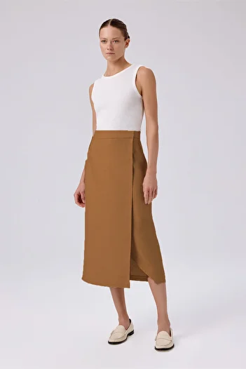 Triko Mısırlı Camel Double Breasted Asymmetric Slit Midi Skirt