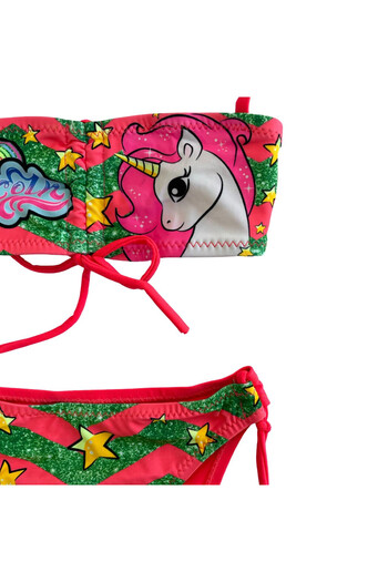 hazelin Girl's Neon Pink Unicorn Patterned Strapless Bikini Suit for 2-8 Years Hzl24S-Lc3658