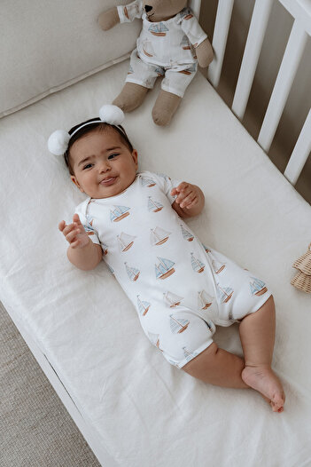 Tuğba Kuğu Short Sleeve Shorts Summer Jumpsuit - Pureline Series - Sail Boats