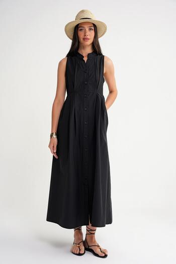 Mixray 4702 Women's Pleated Shirt Dress Black