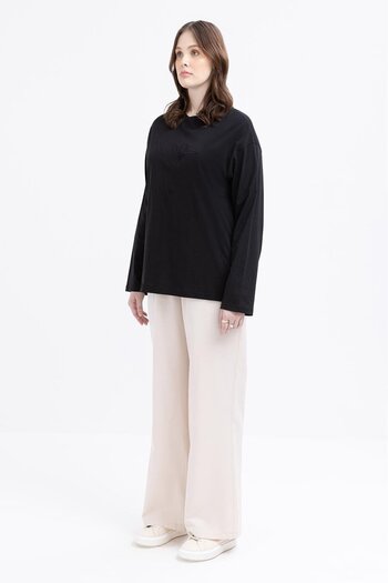 ALLDAY Black-Floral Embroidered Long Sleeve Plus Size T-Shirt