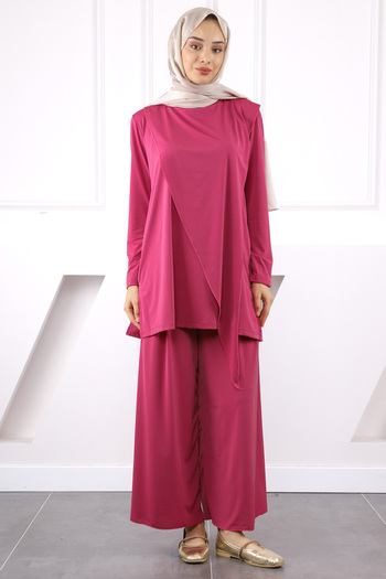 İmajButik Fuchsia Front Detailed Sandy Tunic Trousers Set