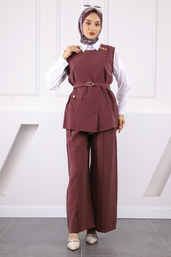 İmajButik Plum Waist Belted Vest and Trousers Suit