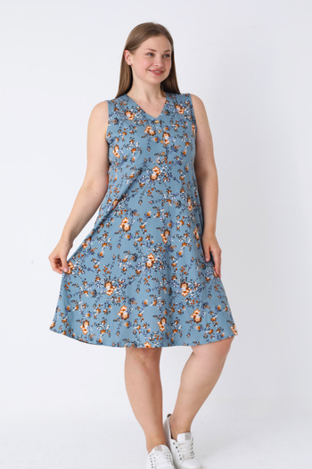 İntensive Women's Floral Print Pocket Button Strap Plus Size Cotton Dress