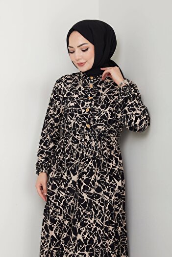 Moda MSK Brush Pattern Half Button Dress Black