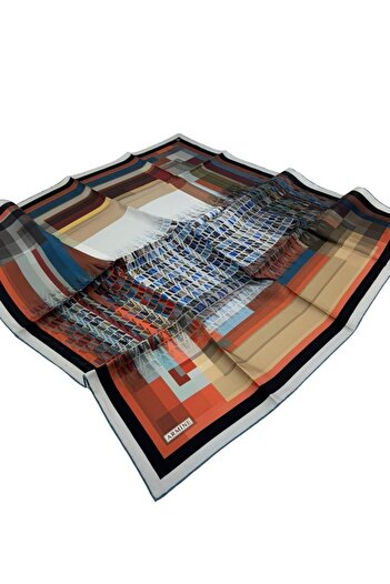 Armine Silk Scarf Nostalgia Sura 8934Ds-33 Geometric Pattern Tiles-Indigo