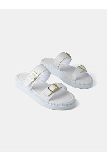 MAGGIO White Women's Comfortable Sole Double Gold Color Buckle Slippers