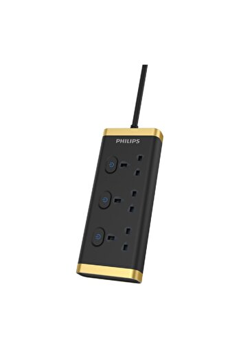 Philips سلك تمديد 13A BS بثلاثة منافذ أسود وذهبي بطول 3 أمتار