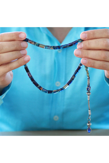 Tesbihane 1000 Sterling Silver Kazaz Tassel Cutout Cut Blue White Fire Amber Prayer Beads