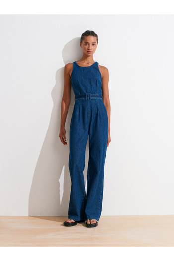 Dilvin 72020 Belted Denim Jumpsuit-Navy Blue