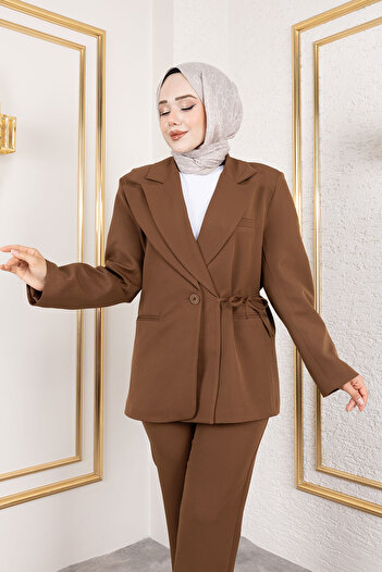 Tesettür Dünyası Tie Detailed Blazer Suit Tsd250196 Brown
