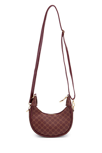 minebag Chain Patterned Faux Leather Baguette Women's Crossbody Bag Jenna Claret Red