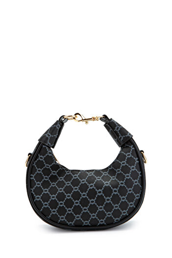 minebag Chain Patterned Faux Leather Baguette Women's Crossbody Bag Jenna Black