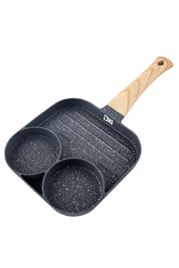 SIKS Non-Stick Frying Pan, 3 Compartments, Egg Preparation, Pancakes, Sandwiches, Wooden Handle
