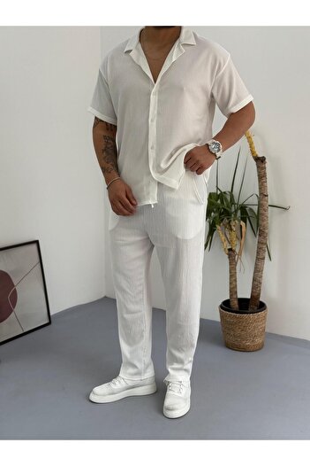 Fifty Color Alaçatı Style Wrinkled Crinkle Fabric Summer Lycra Men's Short Sleeve Shirt and Pants Set