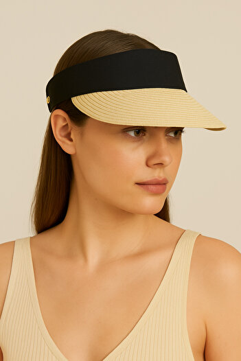 CosmoOutlet Cream Colored Adjustable and Stylish Ready Visor Hat with Black Band Detail