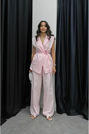 Havoş Pink Belted Vest Pants Suit