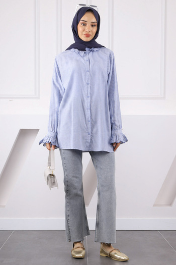 İmajButik Blue Collar Sleeve Ruffle Embroidered Tunic