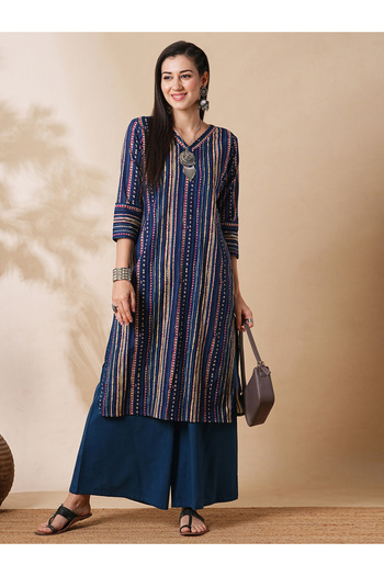 Globus By Styli Striped Printed A-Line Kurta with Straight Palazzo Set