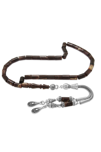 Tesbihane Non-Tarnish Metal 2-Piece Whip Tassel Cut Cut Wrist Length Marbled Fire Amber Prayer Beads