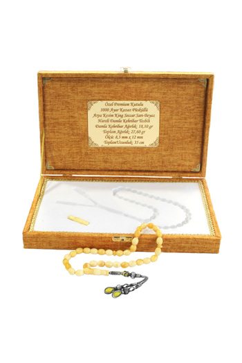 Tesbihane Premium Boxed 1000 Sterling Kazaz Tassel Barley Cut King Seccer White Yellow Moire Drop Amber Prayer Beads