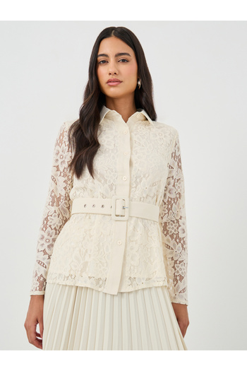 Styli Lace Belted Shirt and Pleated Skirt Co-Ords