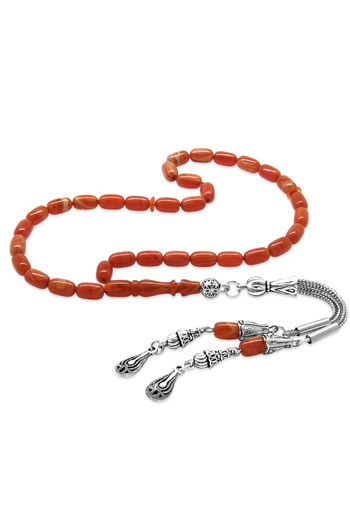 Tesbihane Non-Tarnish Metal 2-Piece Whip Tassel Capsule Cut Ankle Length Soft Red White Fire Amber Prayer Beads