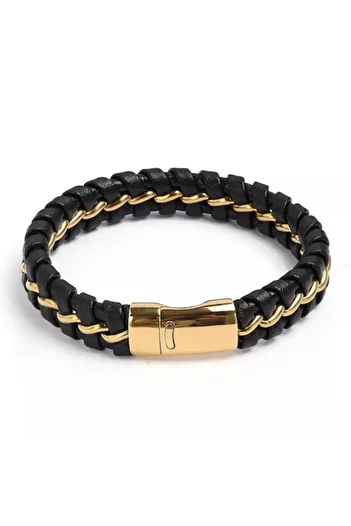 Tessero Bracelet made of braided leather with stainless steel, magnetic clasp, 19 cm, gold-plated 18