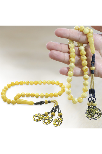 Tesbihane Premium Boxed 1000 Sterling Yellow Kazaz Tasseled Sphere Cut King Seccer White Yellow Drop Amber Prayer Beads