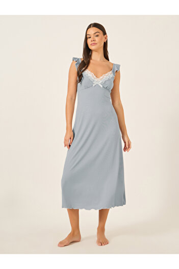 Styli Lace Trim Lettuce Edge Plunge Neck Nightdress