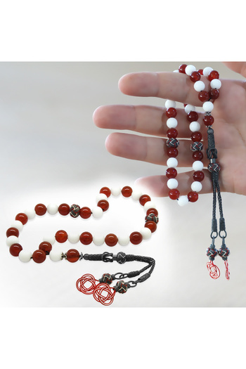 Tesbihane 1000 Sterling Silver Kazaz Tasseled Sphere Cut Red White Jade Agate Natural Stone Fan Prayer Beads
