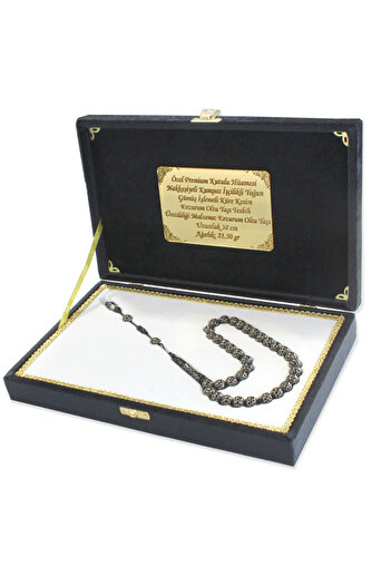 Tesbihane Premium Boxed Hitame Nakkaş Caliper Craftsmanship Dense Silver Embroidered Sphere Cut Erzurum Oltu Stone Prayer Beads